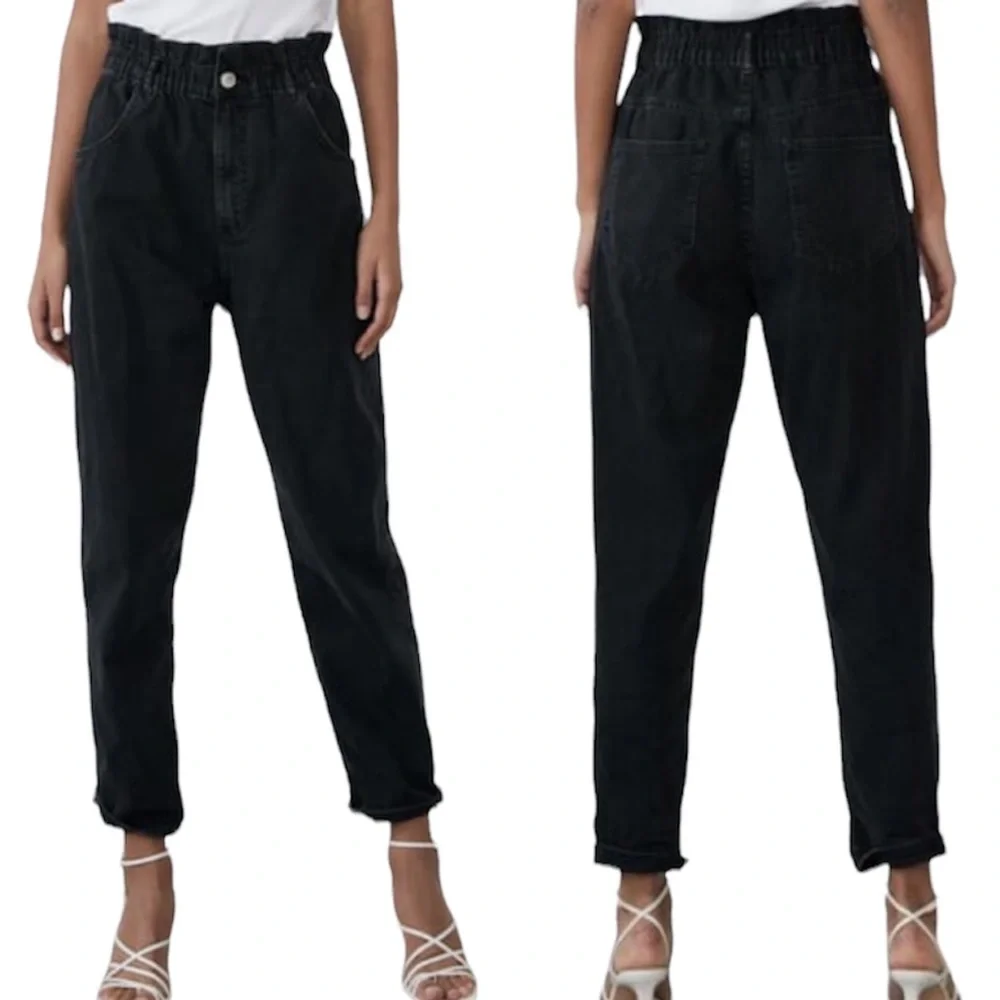 NWT Zara Black Elastic Paper Bag Waist Ultra High Rise 100% Cotton Jeans Size XL - Picture 1 of 16